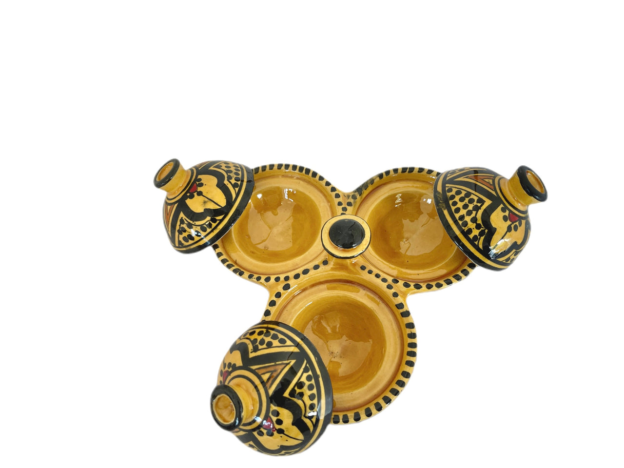 Large Moroccan yellow and black 3 piece hand painted tagine dish,  jug and spice set