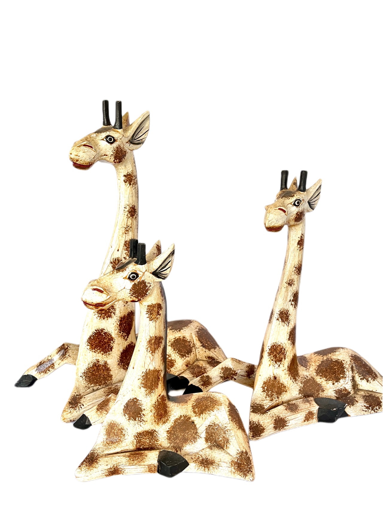 Large Indonesian giraffe carvings set of 3