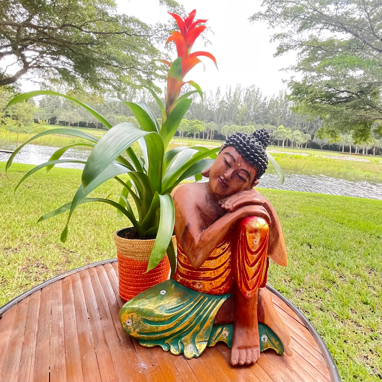 Resting Buddha Wood Sculpture Red, Green & Gold.