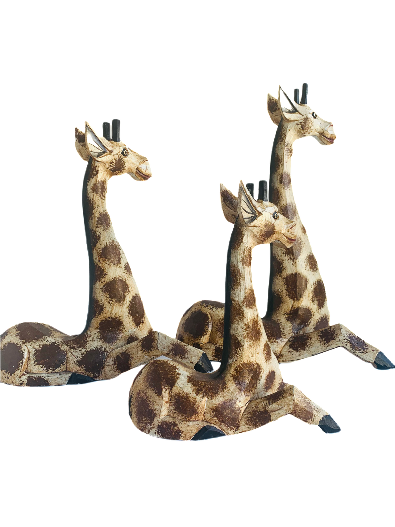 Large Indonesian giraffe carvings set of 3