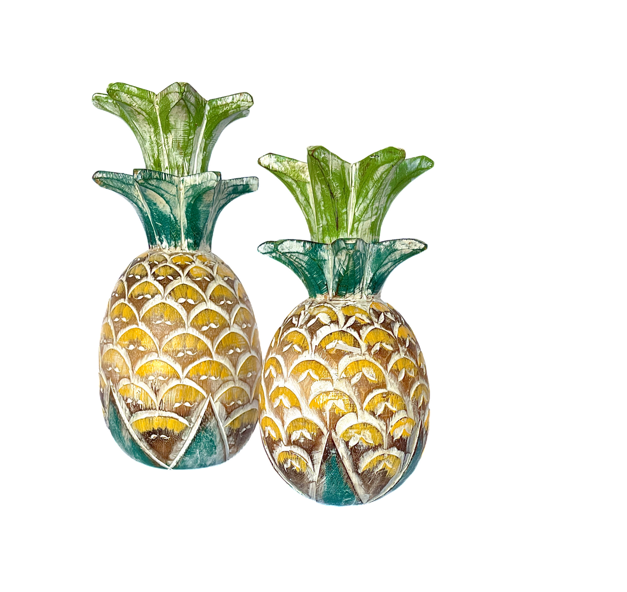 Wooden realistic large pineapple carvings set of 2