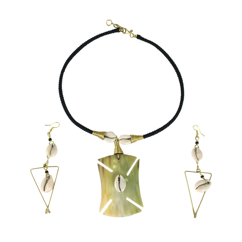 Cowrie Shell Bone & Brass Necklace Set