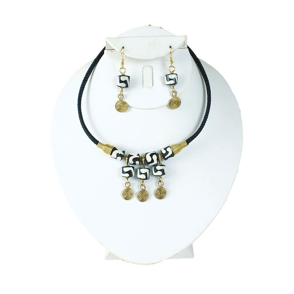 Black and white African design necklace & earrings with brass Accent