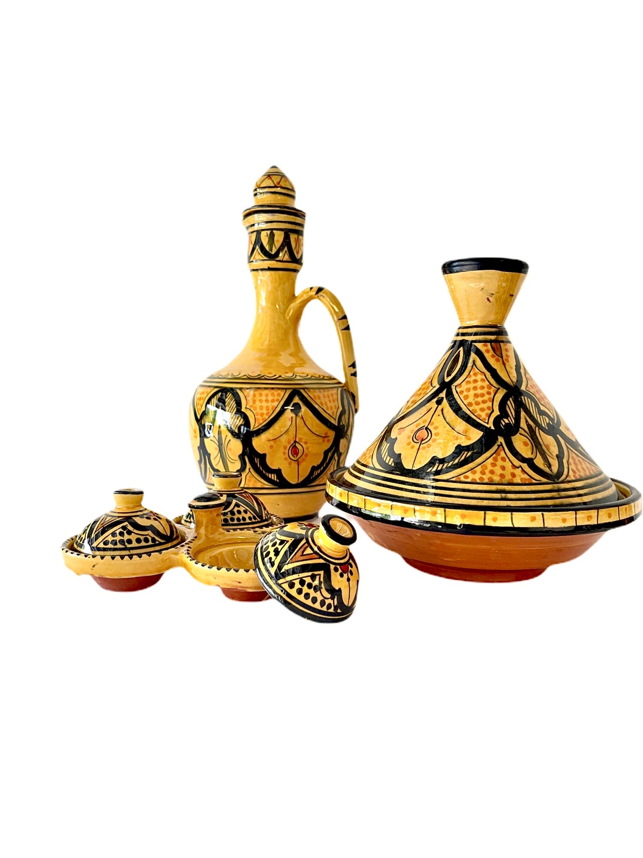 Large Moroccan yellow and black 3 piece hand painted tagine dish,  jug and spice set