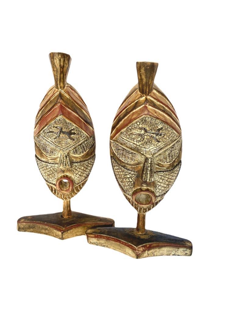 Unique Hand Crafted Wood and Metal African Mask Pair