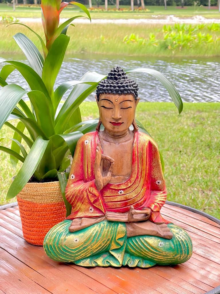 Colorful meditating Buddha solid wood statue