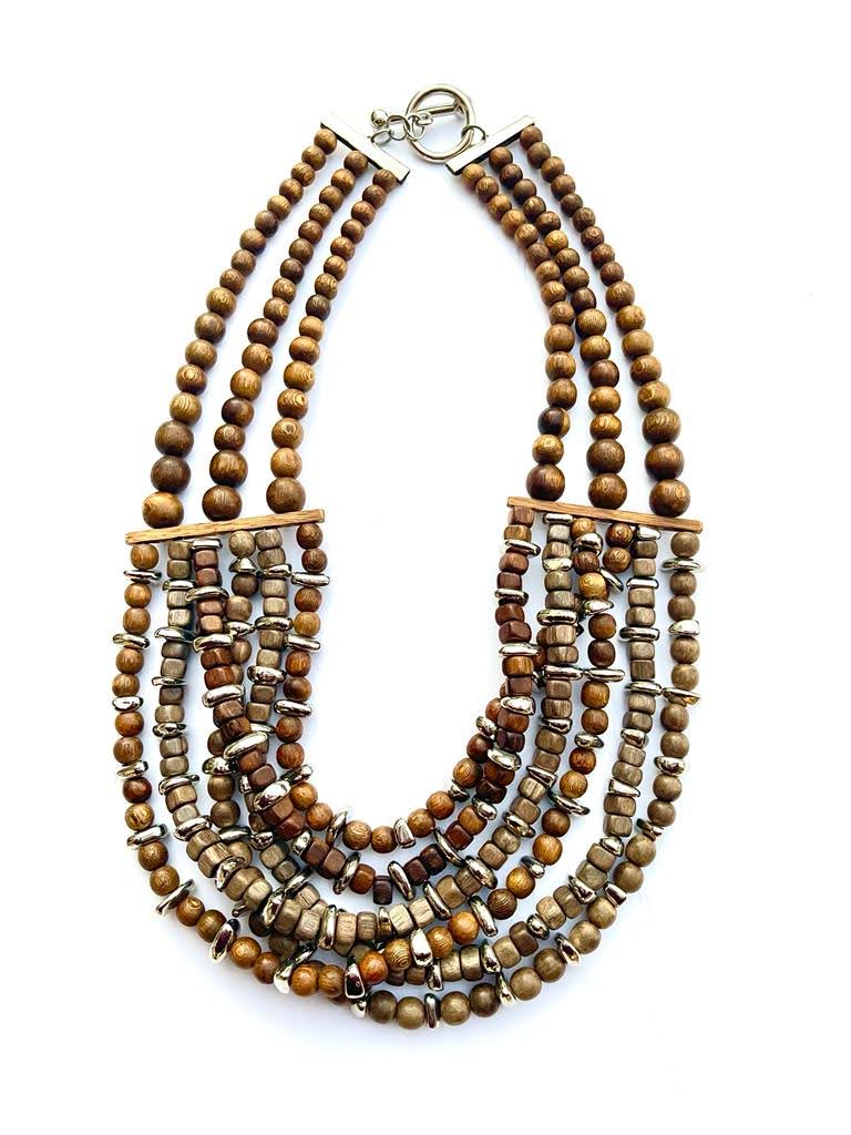 Huge layered wooden necklace with silver metal embellishments