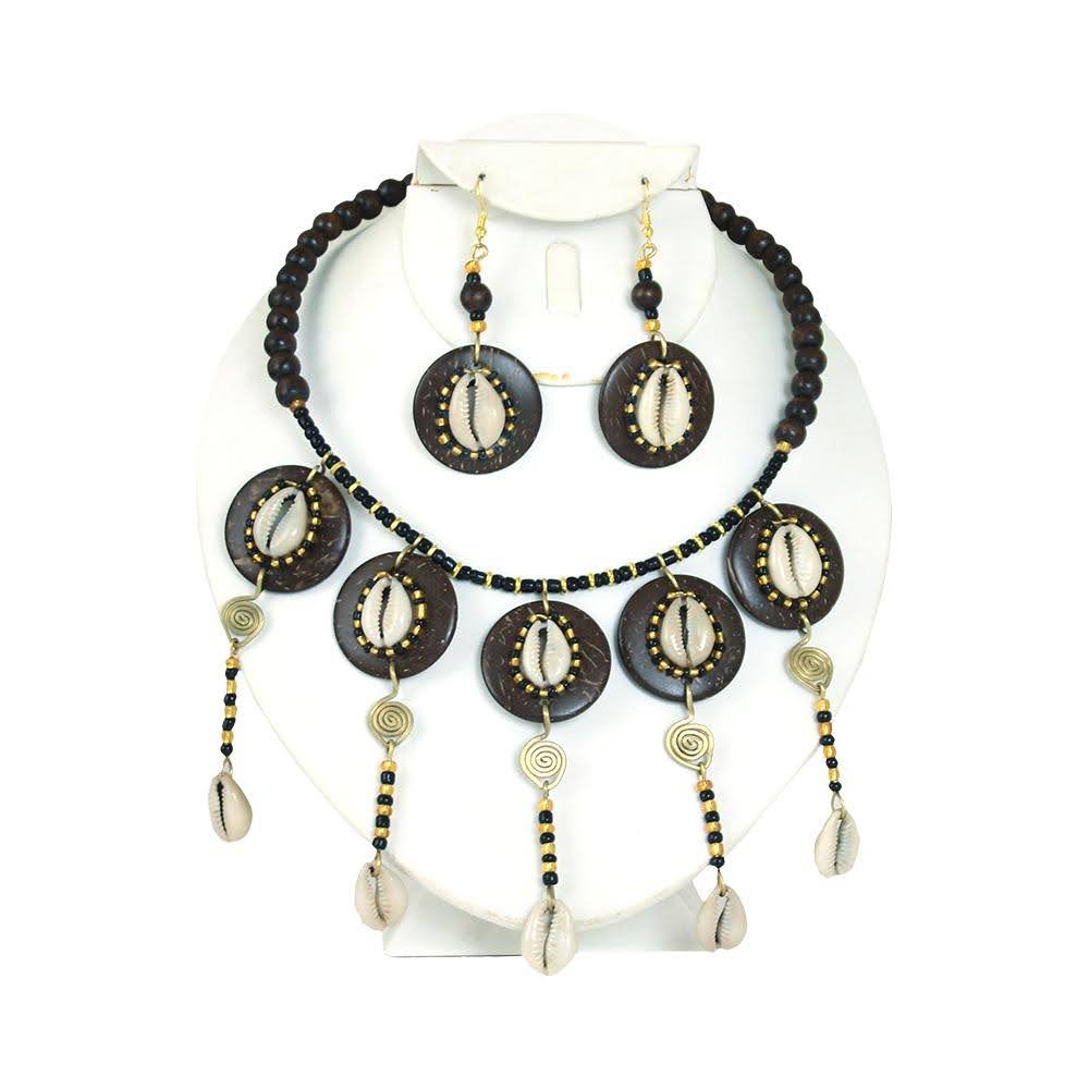 Beaded Bone Brass Cowrie Shell Set