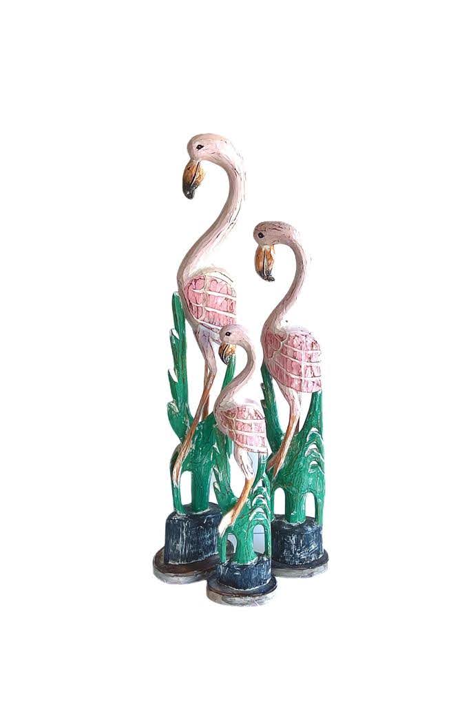 Tall Wooden Pink and Green Flamingo Statues Family set of 3