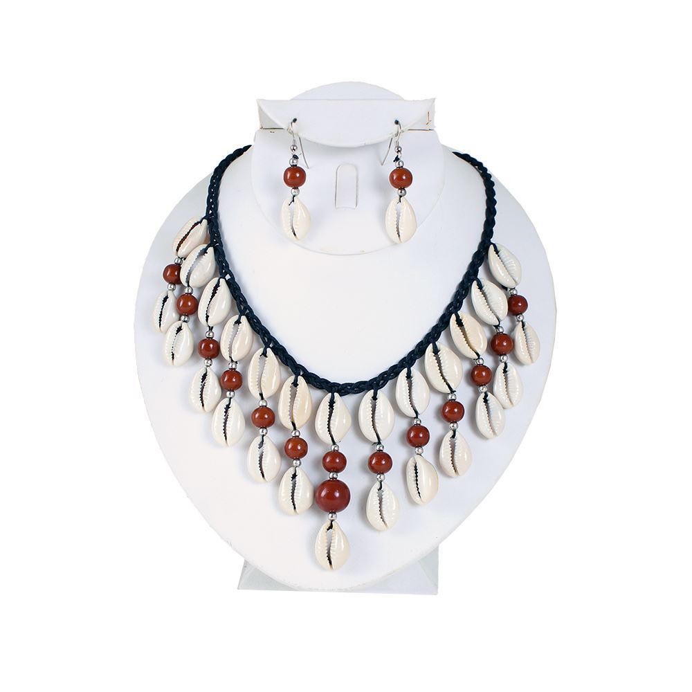 Brown Beaded Cowrie Shell Necklace Set