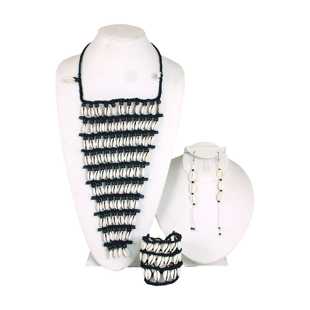 Black and white necklace/breastplate with braid beads and cowrie shell 3 piece set.