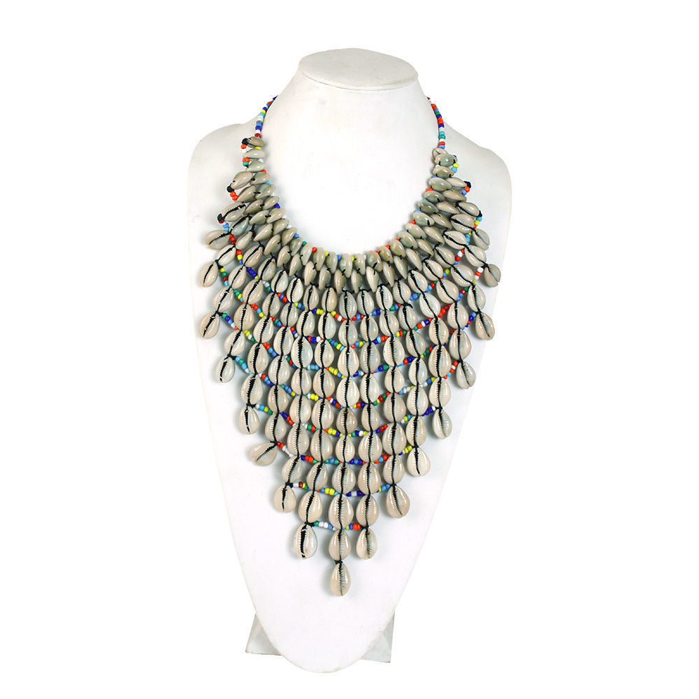 Rainbow color beads and cowrie shell breastplate necklace