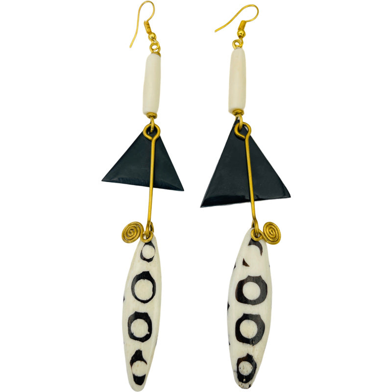 Black and white bone dangling earrings from Kenya