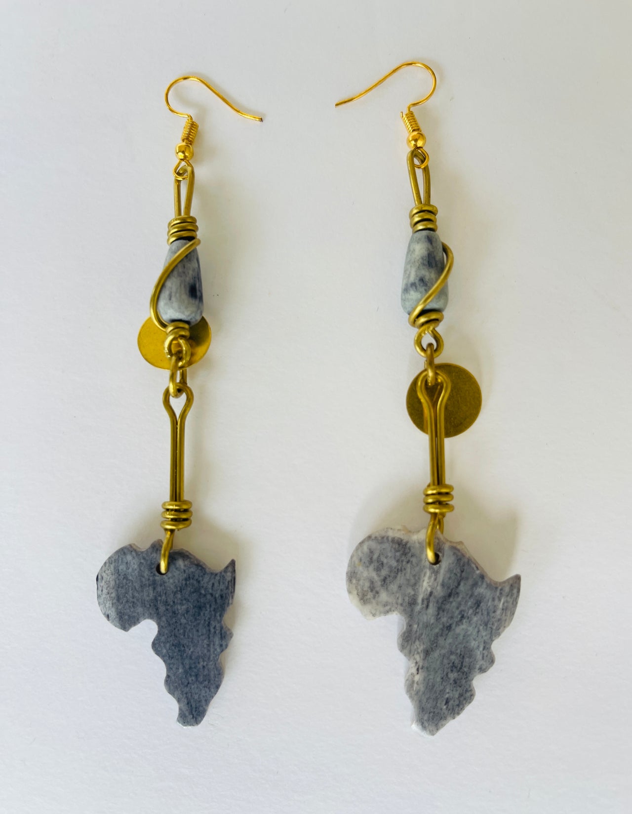 Map of Africa bone earrings with brass accents