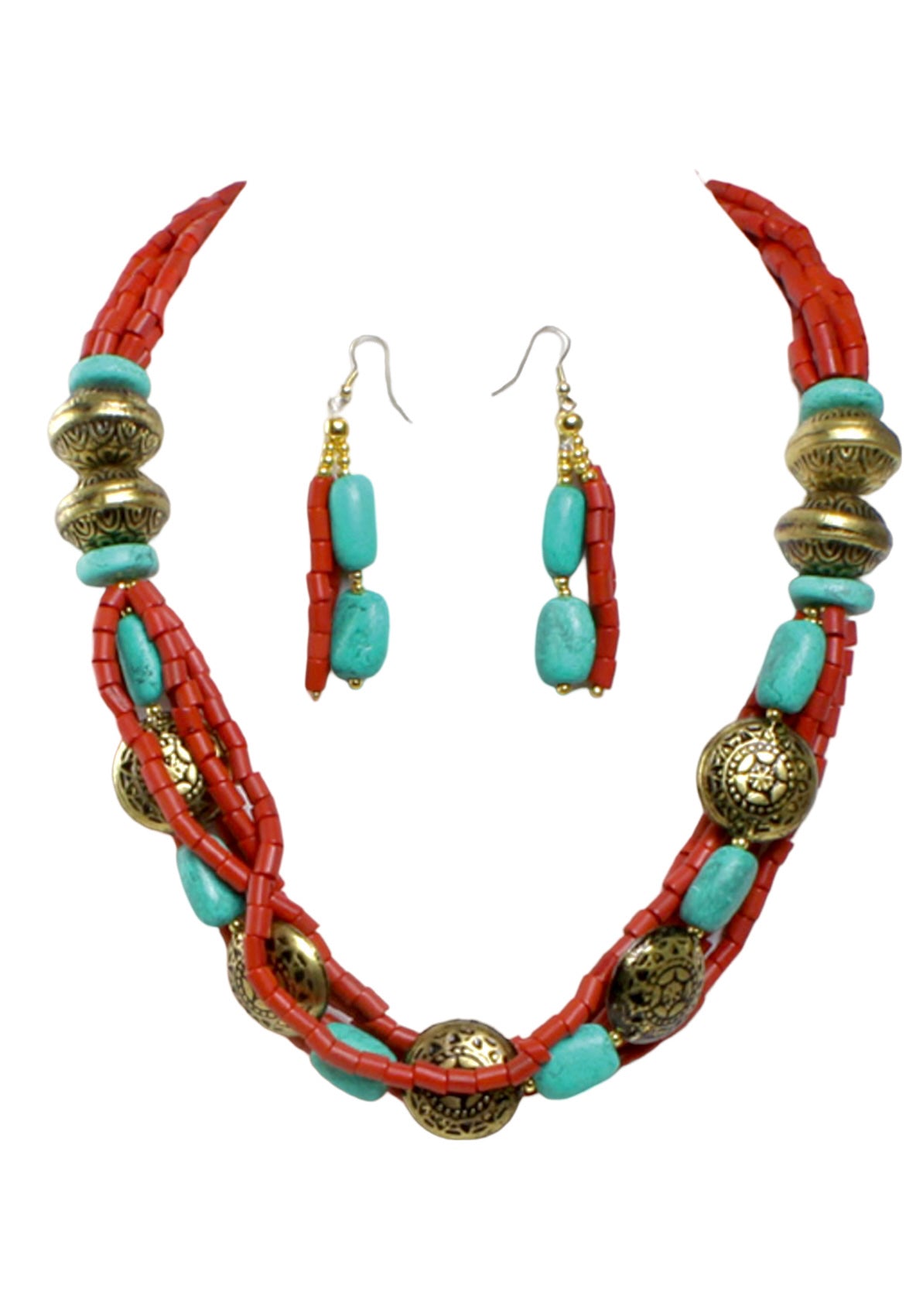 Beaded turquoise and red necklace set