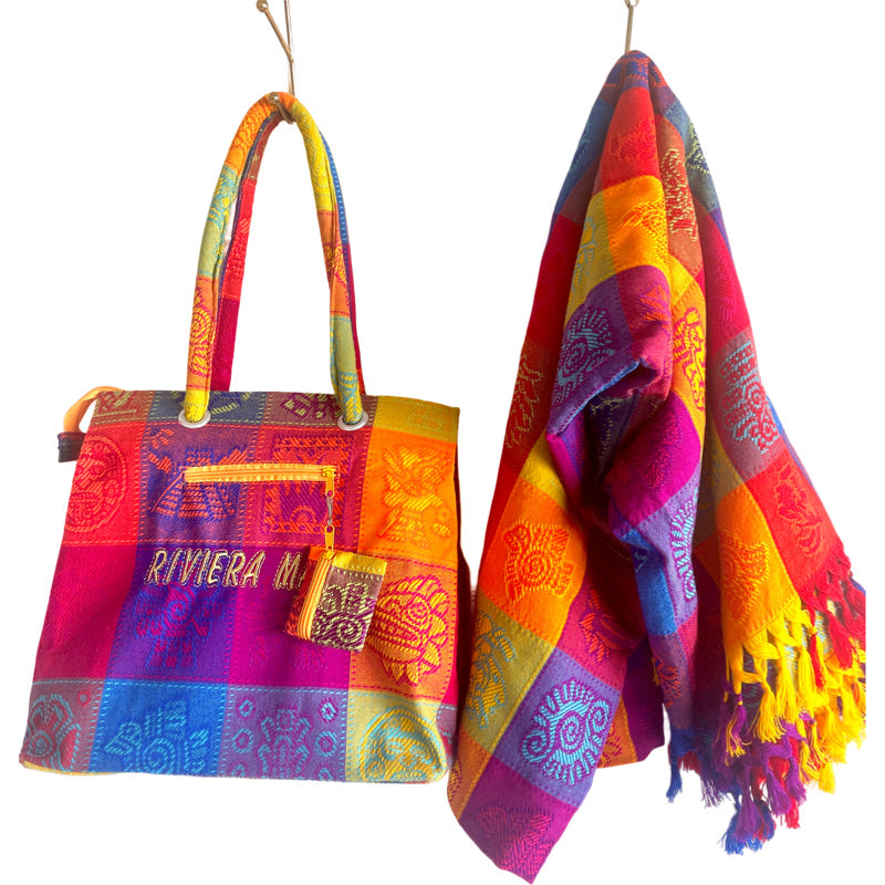 Bold multicolor beach weekend bag with blanket set