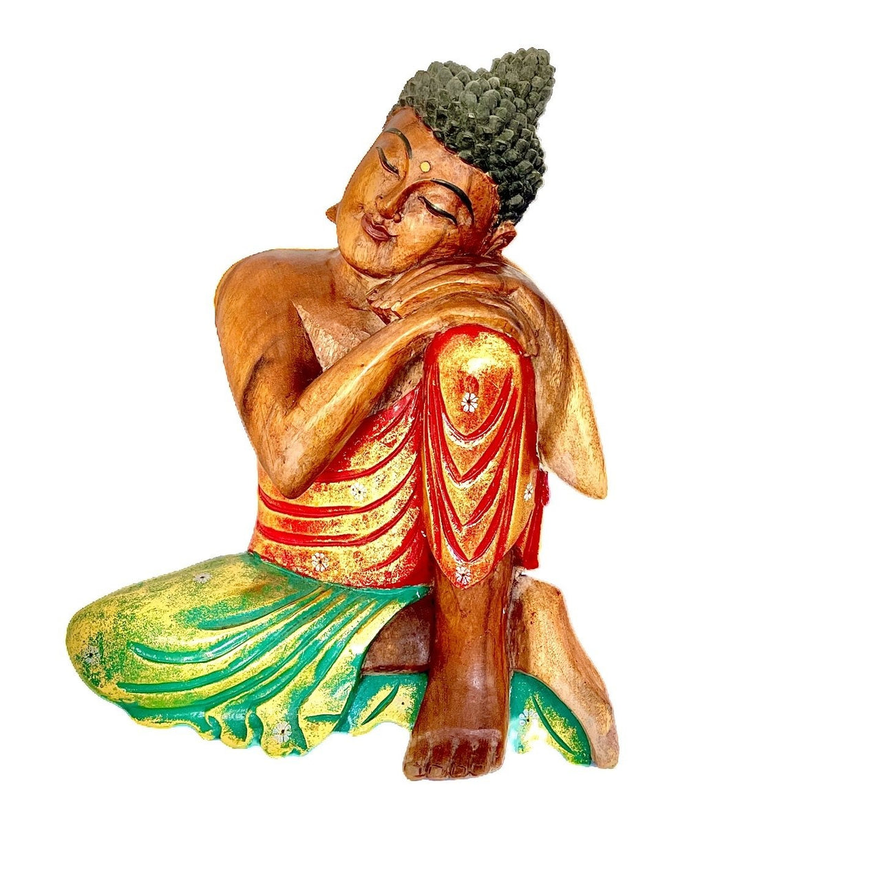 Resting Buddha Wood Sculpture Red, Green & Gold.
