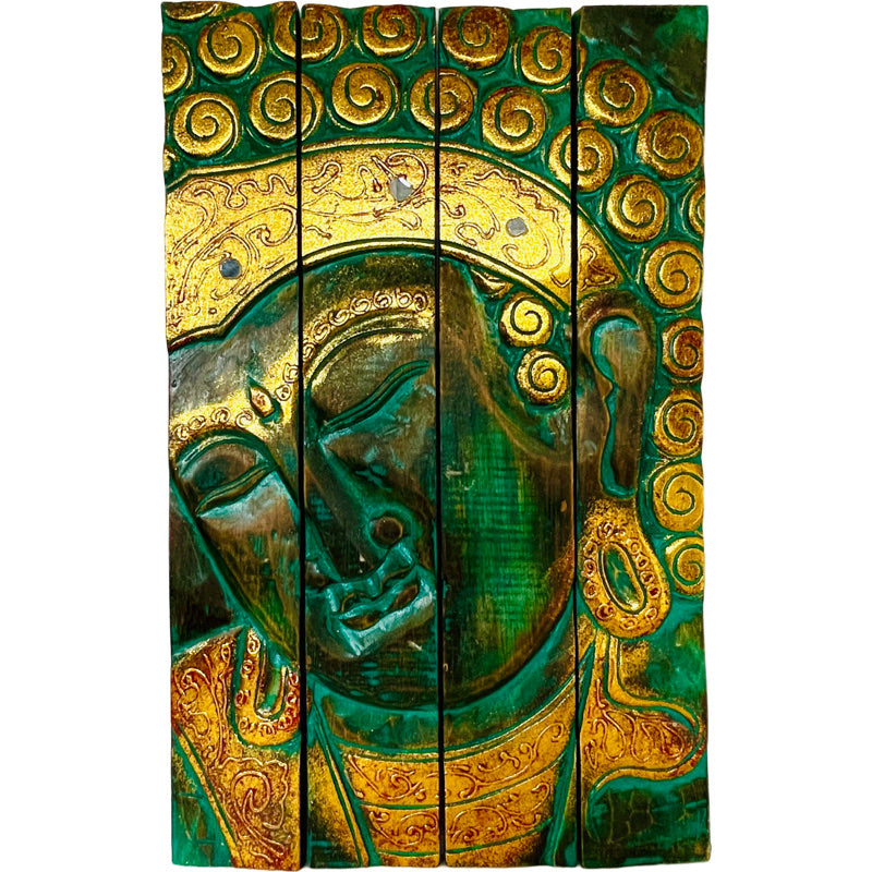 Gold and green Buddha face panel carving