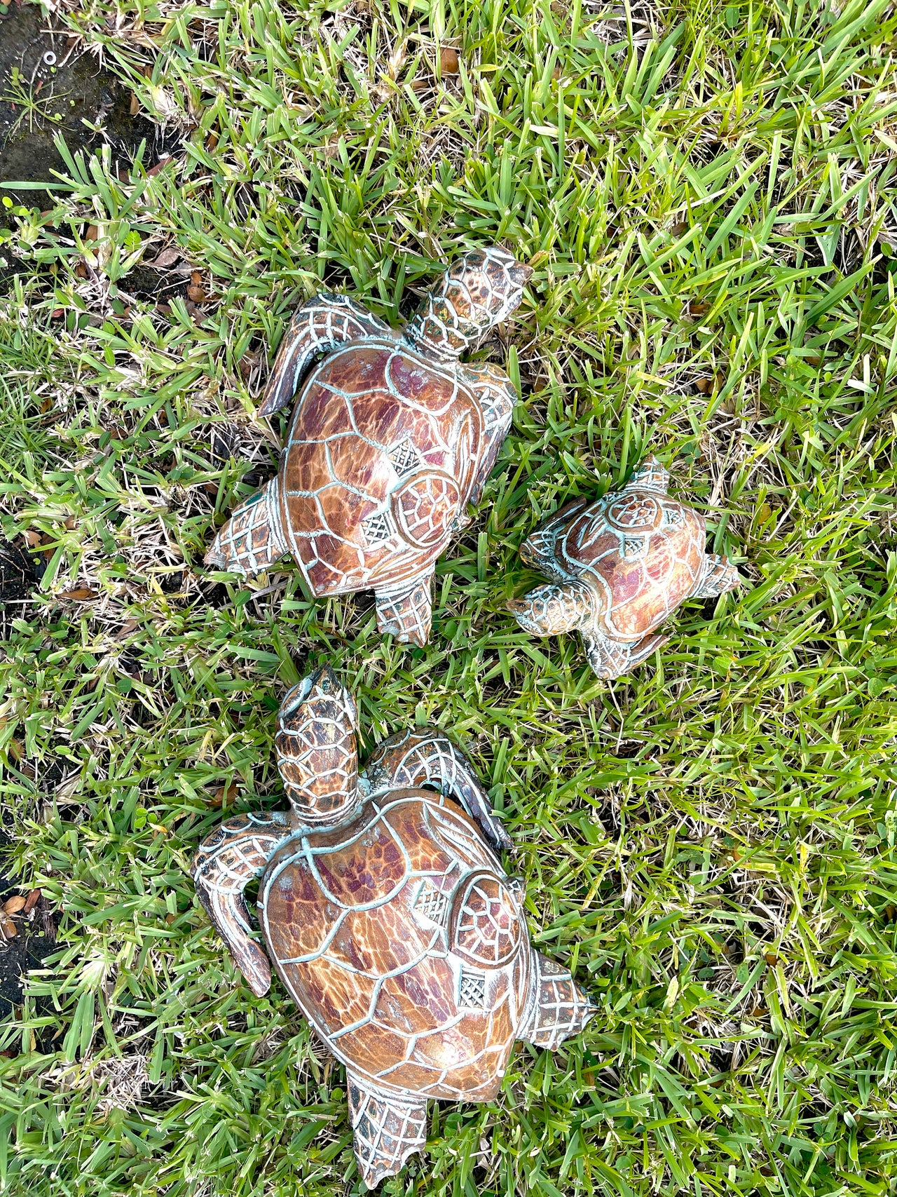 Unique Indonesian turtle family of 3 wood carvings .