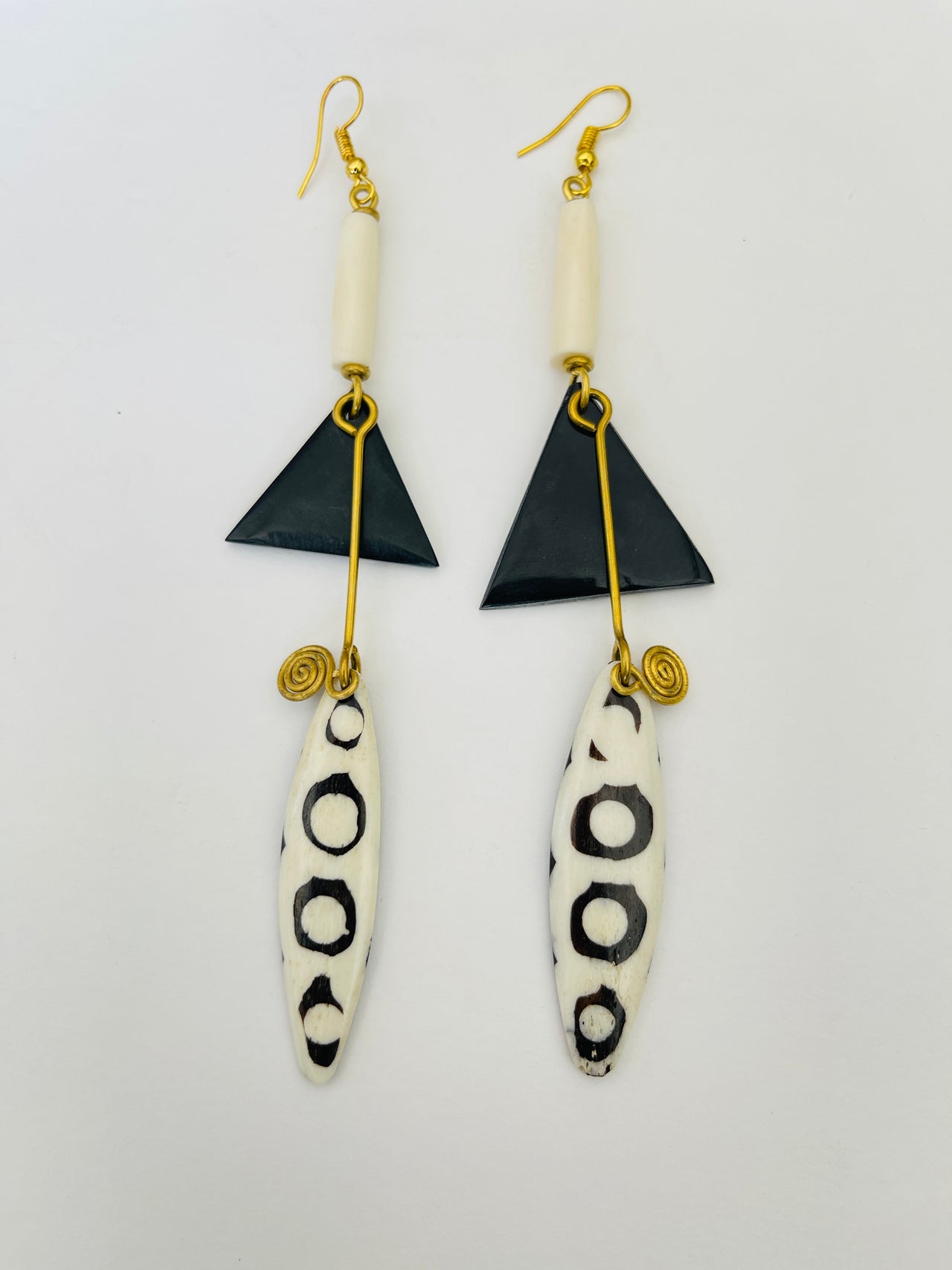 Black and white bone dangling earrings from Kenya