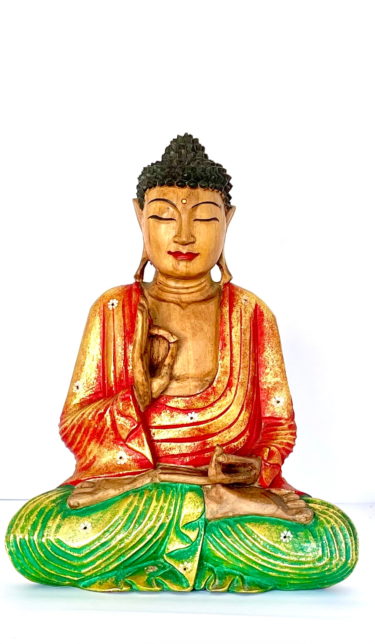 Colorful meditating Buddha solid wood statue