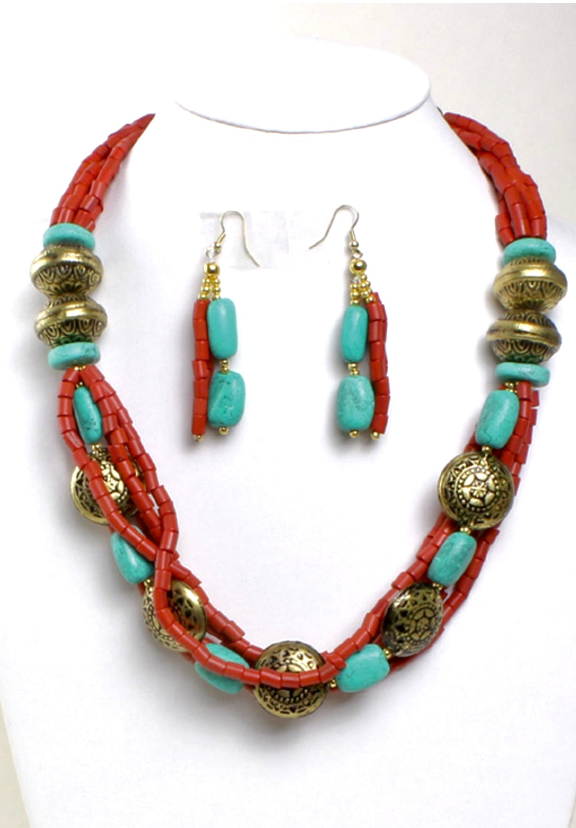 Beaded turquoise and red necklace set