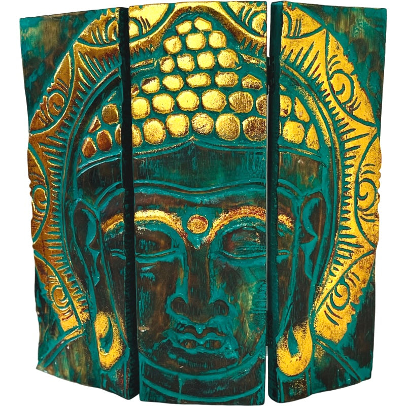 Gold and green Buddha wooden panel carving